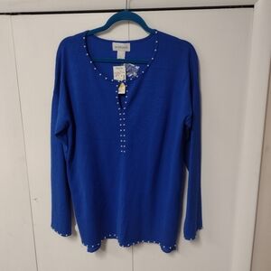 Peck & Peck Royal Blue Beaded Pearl Keyhole Long Sleeve Sweater sz L NWT